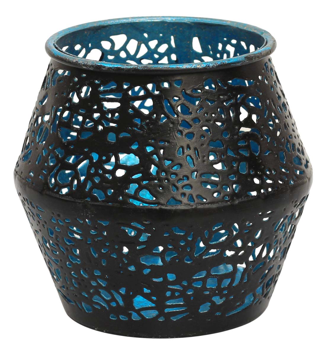 Black & Blue Tea-Light Candle Holder – Pot-Shaped – Handmade in Iron – Abstract Cut-Outs – Unique Votive Candle Stands – Home Décor / Gifts from India  - Buy in Bulk Wholesale